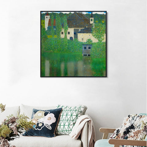 INVIN ART Framed Canvas Giclee Print Art Water Castle by Gustav Klimt Wall Art Living Room Home Office Decorations