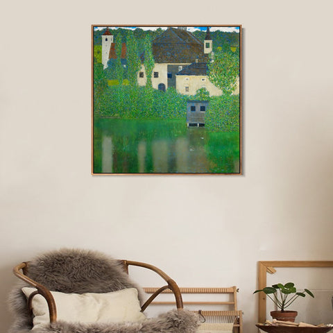 INVIN ART Framed Canvas Giclee Print Art Water Castle by Gustav Klimt Wall Art Living Room Home Office Decorations
