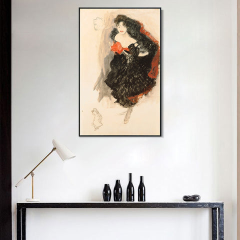 INVIN ART Framed Canvas Giclee Print Art Girl in black dress by Gustav Klimt Wall Art Living Room Home Office Decorations