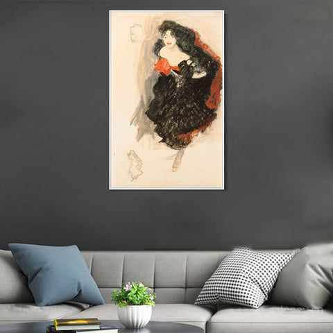 INVIN ART Framed Canvas Giclee Print Art Girl in black dress by Gustav Klimt Wall Art Living Room Home Office Decorations