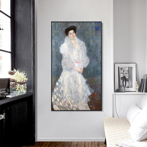 INVIN ART Framed Canvas Giclee Print Art Woman in White Dress by Gustav Klimt Wall Art Living Room Home Office Decorations