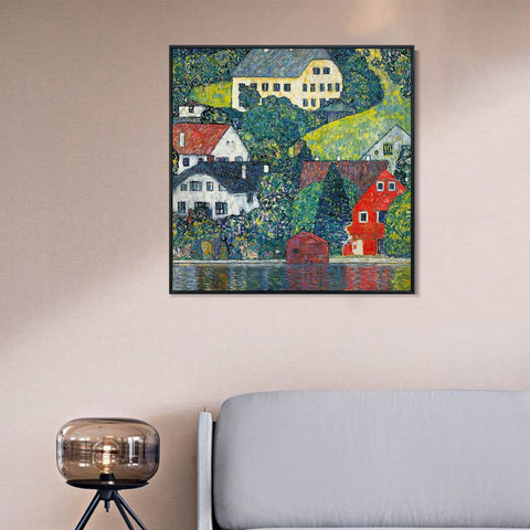 INVIN ART Framed Canvas Giclee Print Art Houses at Unterach by Gustav Klimt Wall Art Living Room Home Office Decorations
