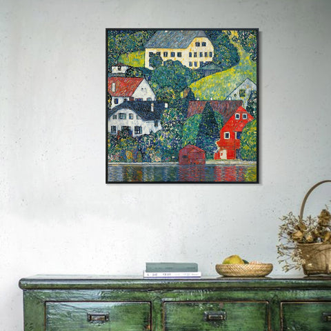 INVIN ART Framed Canvas Giclee Print Art Houses at Unterach by Gustav Klimt Wall Art Living Room Home Office Decorations
