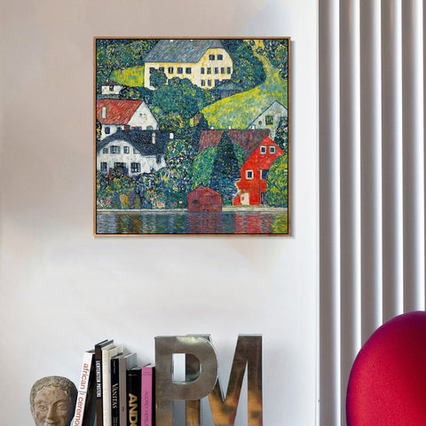 INVIN ART Framed Canvas Giclee Print Art Houses at Unterach by Gustav Klimt Wall Art Living Room Home Office Decorations