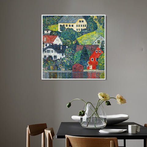 INVIN ART Framed Canvas Giclee Print Art Houses at Unterach by Gustav Klimt Wall Art Living Room Home Office Decorations