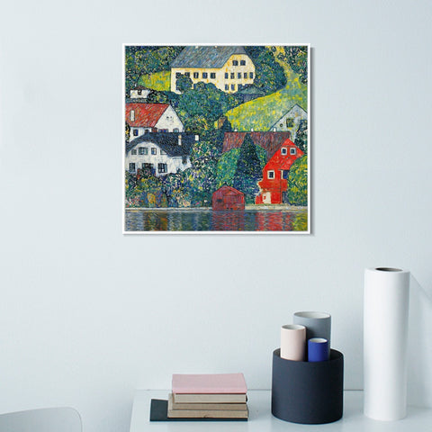 INVIN ART Framed Canvas Giclee Print Art Houses at Unterach by Gustav Klimt Wall Art Living Room Home Office Decorations