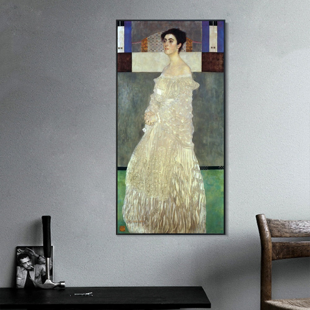 INVIN ART Framed Canvas Giclee Print Art Woman in White Dress#3 by Gustav Klimt Wall Art Living Room Home Office Decorations