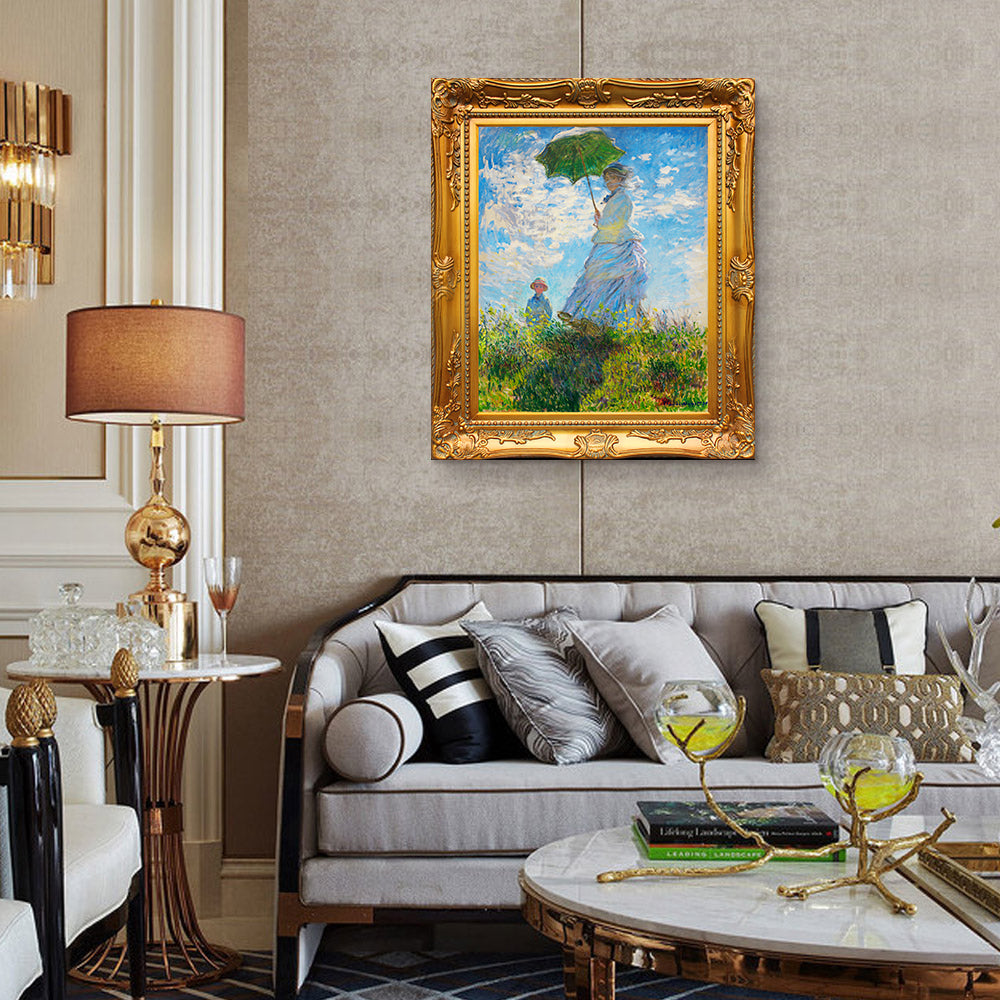 INVIN ART Framed Canvas Artwork,The Walk, Woman with a Parasol by Claude Monet, Giclee Print Painting Wall Art Decor for Restaurant,Hotel,Bar,(Baroque Gold Frame,30"x40")