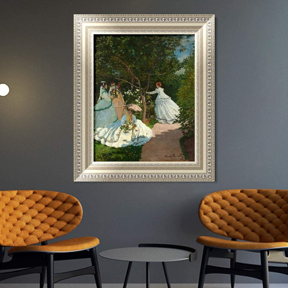 INVIN ART Framed Canvas Art Giclee Print Women in the Garden, 1866 by Claude Monet Wall Art (European Style Silver Frame,20"x24")