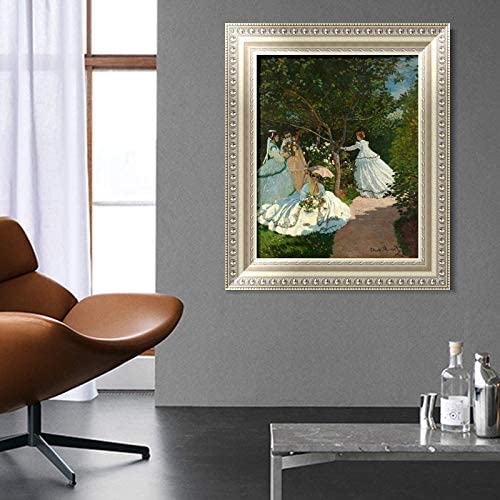 INVIN ART Framed Canvas Art Giclee Print Women in the Garden, 1866 by Claude Monet Wall Art (European Style Silver Frame,20"x24")