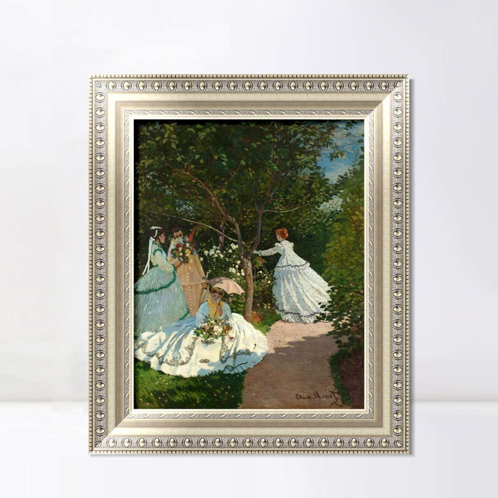 INVIN ART Framed Canvas Art Giclee Print Women in the Garden, 1866 by Claude Monet Wall Art (European Style Silver Frame,20"x24")