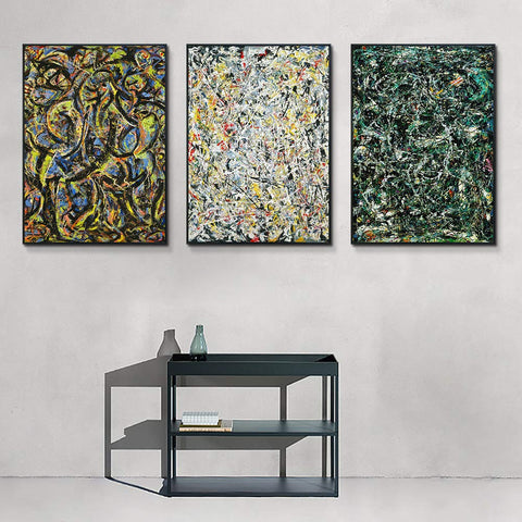 INVIN ART Combo Painting 3 Pieces by Jackson Pollock Framed Canvas Giclee Print Art Abstract Wall Art Series #2(Black Slim Frame,24"x32"Each Piece)