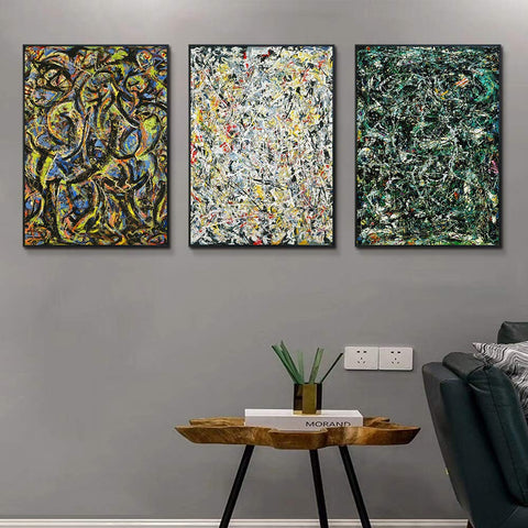 INVIN ART Combo Painting 3 Pieces by Jackson Pollock Framed Canvas Giclee Print Art Abstract Wall Art Series #2(Black Slim Frame,24"x32"Each Piece)