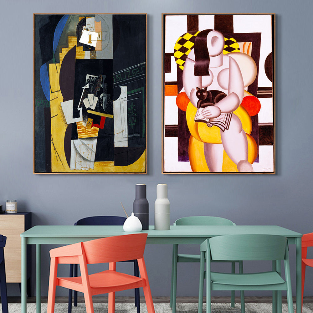 INVIN ART Framed Canvas Art Combo Painting 2 Pieces by Pablo Picasso Wall Art Series#5 (Wood Color Slim Frame,24"x32"Each Piece)