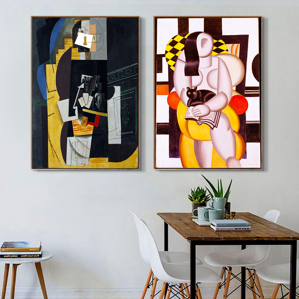 INVIN ART Framed Canvas Art Combo Painting 2 Pieces by Pablo Picasso Wall Art Series#5 (Wood Color Slim Frame,24"x32"Each Piece)