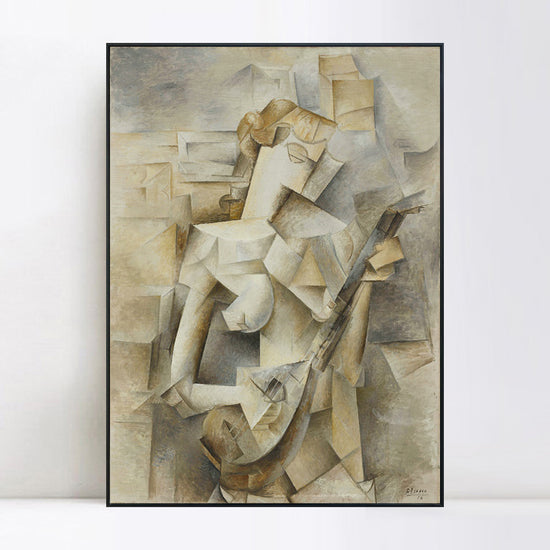 Girl With A Mandolin,1910 by Pablo Picasso Framed Stretch Canvas Wall Art(24" X 32",Black Slim Frame)