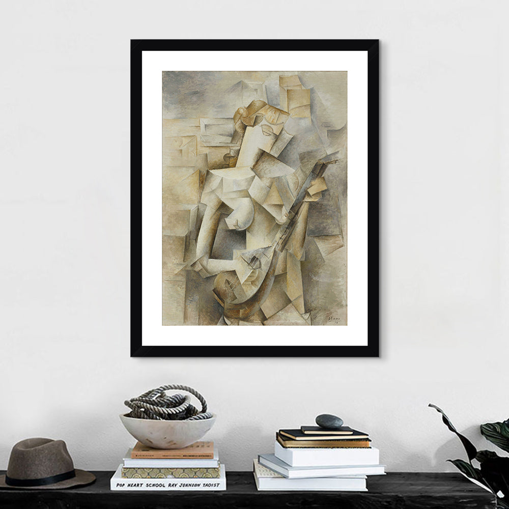 INVIN ART Framed Canvas Giclee Print Art Girl With A Mandolin,1910 by Pablo Picasso Wall Art (Black Frame with Mat,24"x32")