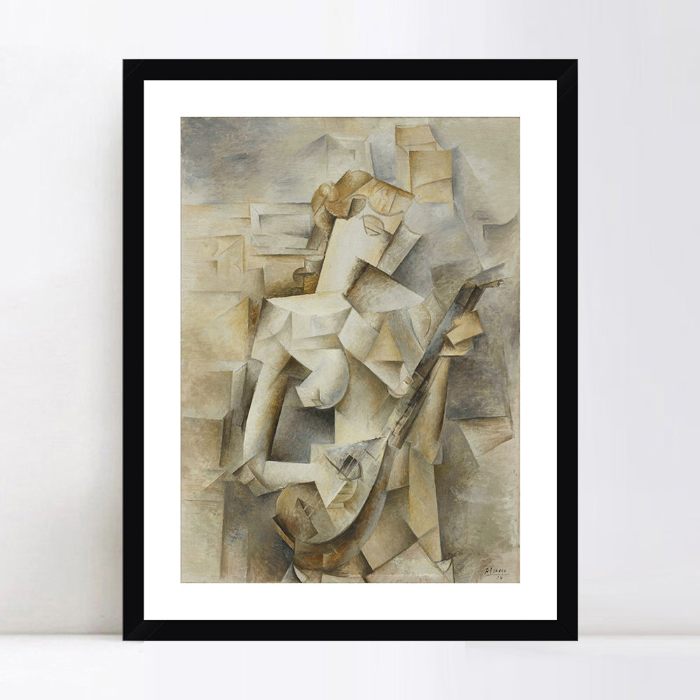 INVIN ART Framed Canvas Giclee Print Art Girl With A Mandolin,1910 by Pablo Picasso Wall Art (Black Frame with Mat,24"x32")