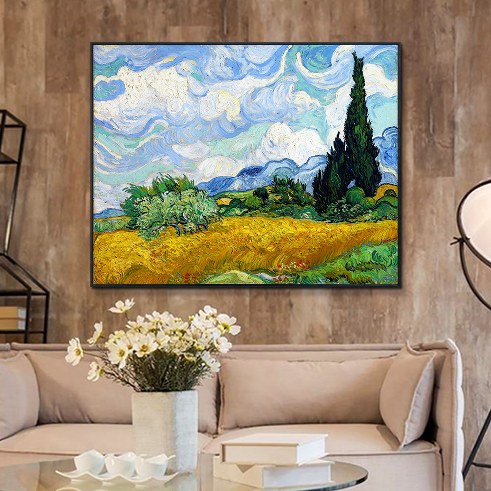 INVIN ART Framed Canvas Wheat Field with Cypresses by Cypresses by Vincent Van Gogh Wall Art