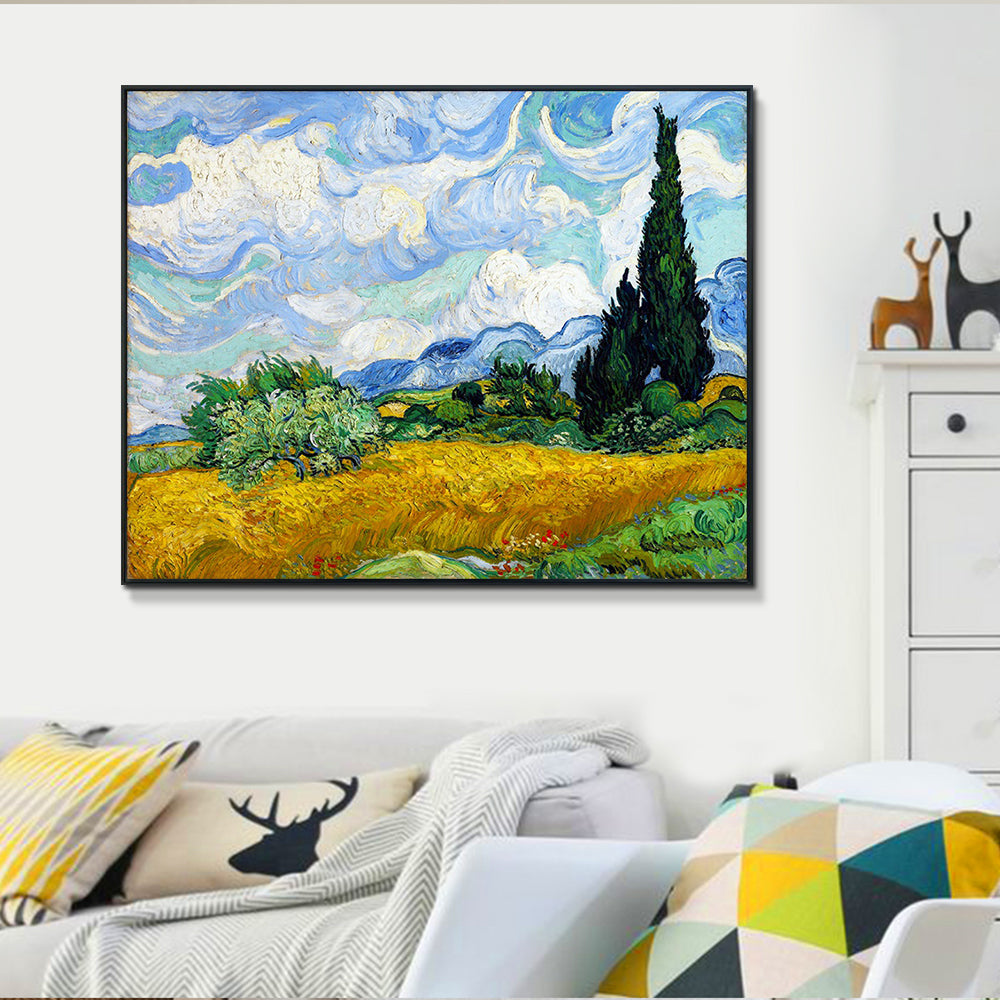 INVIN ART Framed Canvas Wheat Field with Cypresses by Cypresses by Vincent Van Gogh Wall Art