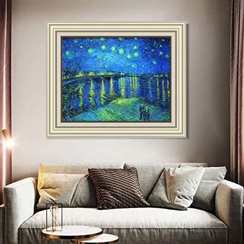 INVIN ART Framed Canvas Art Giclee Print Starry Night Over The Rhone by Vincent Van Gogh Wall Art (Beige Color Frame with Linen Liner,20"x24")