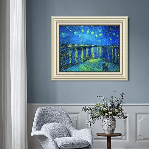 INVIN ART Framed Canvas Art Giclee Print Starry Night Over The Rhone by Vincent Van Gogh Wall Art (Beige Color Frame with Linen Liner,20"x24")