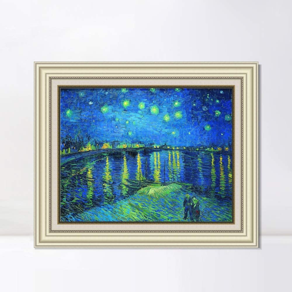 INVIN ART Framed Canvas Art Giclee Print Starry Night Over The Rhone by Vincent Van Gogh Wall Art (Beige Color Frame with Linen Liner,20"x24")