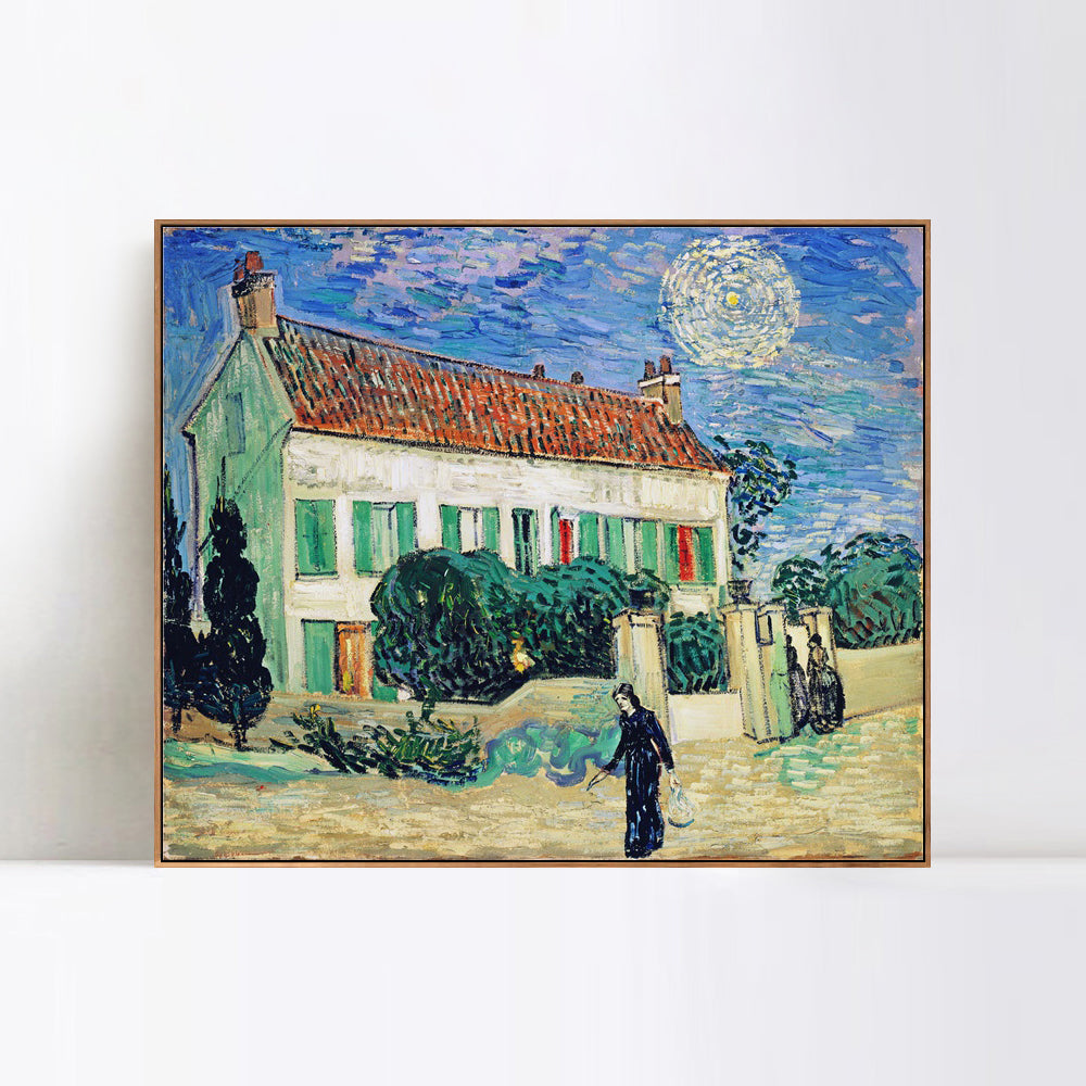INVIN ART Framed Canvas Giclee Print White House at Night, 1890 by Vincent Van Gogh Wall Art (Wood Color Slim Frame,24"x32")