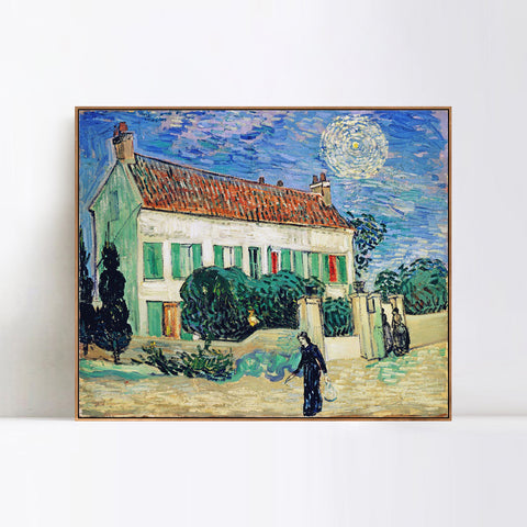 INVIN ART Framed Canvas Giclee Print White House at Night, 1890 by Vincent Van Gogh Wall Art Living Room Home Office Decorations(Wood Color Slim Frame,24"x32")