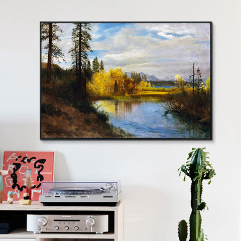 River Quietly Flowing among Trees and Shrubs by Albert Bierstadt Wall Art Living Room Home Decorations