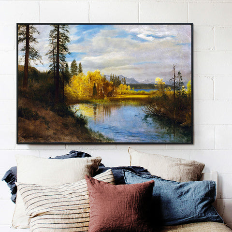 River Quietly Flowing among Trees and Shrubs by Albert Bierstadt Wall Art Living Room Home Decorations