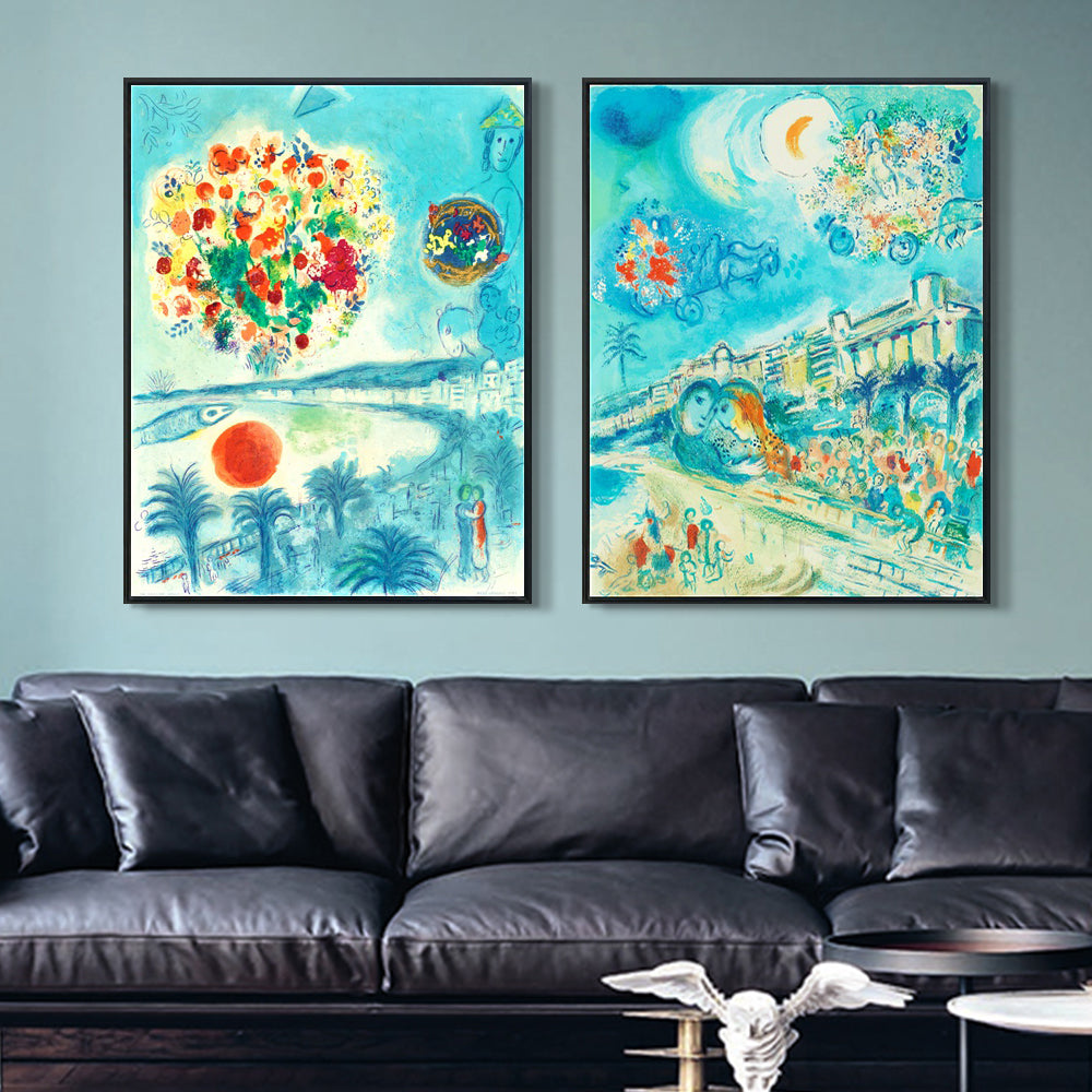 INVIN ART Framed Canvas Giclee Print Art Combo Painting 2 Pieces by Marc Chagall Wall Art Series#2 Living Room Home Office Decorations
