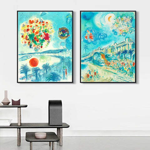 INVIN ART Framed Canvas Giclee Print Art Combo Painting 2 Pieces by Marc Chagall Wall Art Series#2 Living Room Home Office Decorations