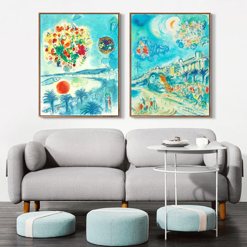 INVIN ART Framed Canvas Giclee Print Art Combo Painting 2 Pieces by Marc Chagall Wall Art Series#2 Living Room Home Office Decorations