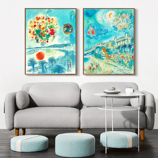 INVIN ART Framed Canvas Giclee Print Art Combo Painting 2 Pieces by Marc Chagall Wall Art Series#2 Living Room Home Office Decorations