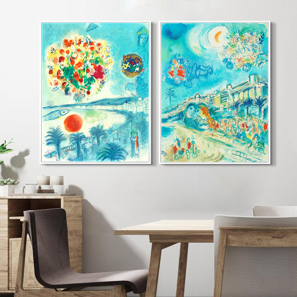 INVIN ART Framed Canvas Giclee Print Art Combo Painting 2 Pieces by Marc Chagall Wall Art Series#2 Living Room Home Office Decorations