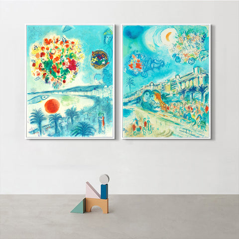 INVIN ART Framed Canvas Giclee Print Art Combo Painting 2 Pieces by Marc Chagall Wall Art Series#2 Living Room Home Office Decorations