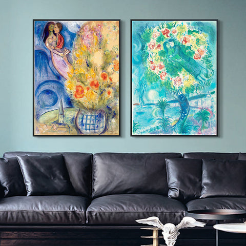 INVIN ART Framed Canvas Giclee Print Art Combo Painting 2 Pieces by Marc Chagall Wall Art Series#3 Living Room Home Office Decorations