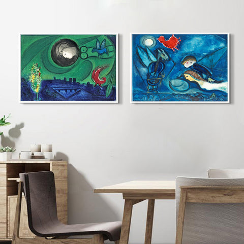 INVIN ART Framed Canvas Giclee Print Art Combo Painting 2 Pieces by Marc Chagall Wall Art Series#4 Living Room Home Office Decorations
