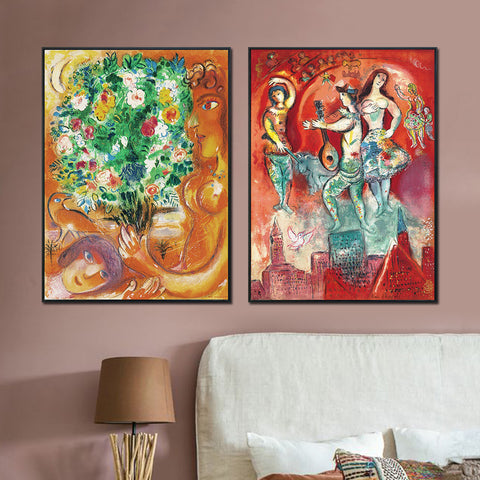 INVIN ART Framed Canvas Giclee Print Art Combo Painting 2 Pieces by Marc Chagall Wall Art Series#14 Living Room Home Office Decorations