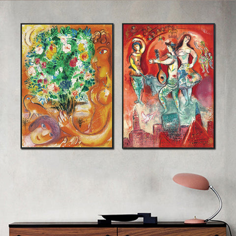 INVIN ART Framed Canvas Giclee Print Art Combo Painting 2 Pieces by Marc Chagall Wall Art Series#14 Living Room Home Office Decorations