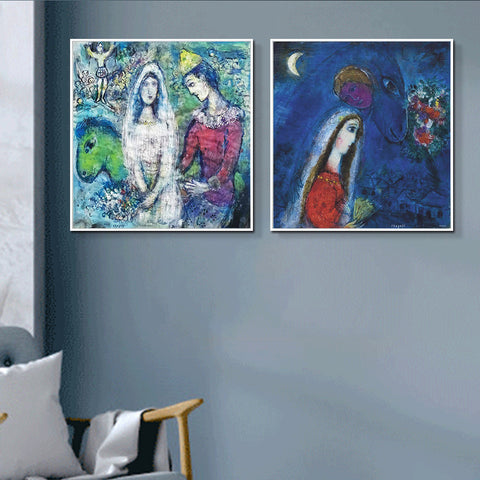 INVIN ART Framed Canvas Giclee Print Art Combo Painting 2 Pieces by Marc Chagall Wall Art Series#15 Living Room Home Office Decorations