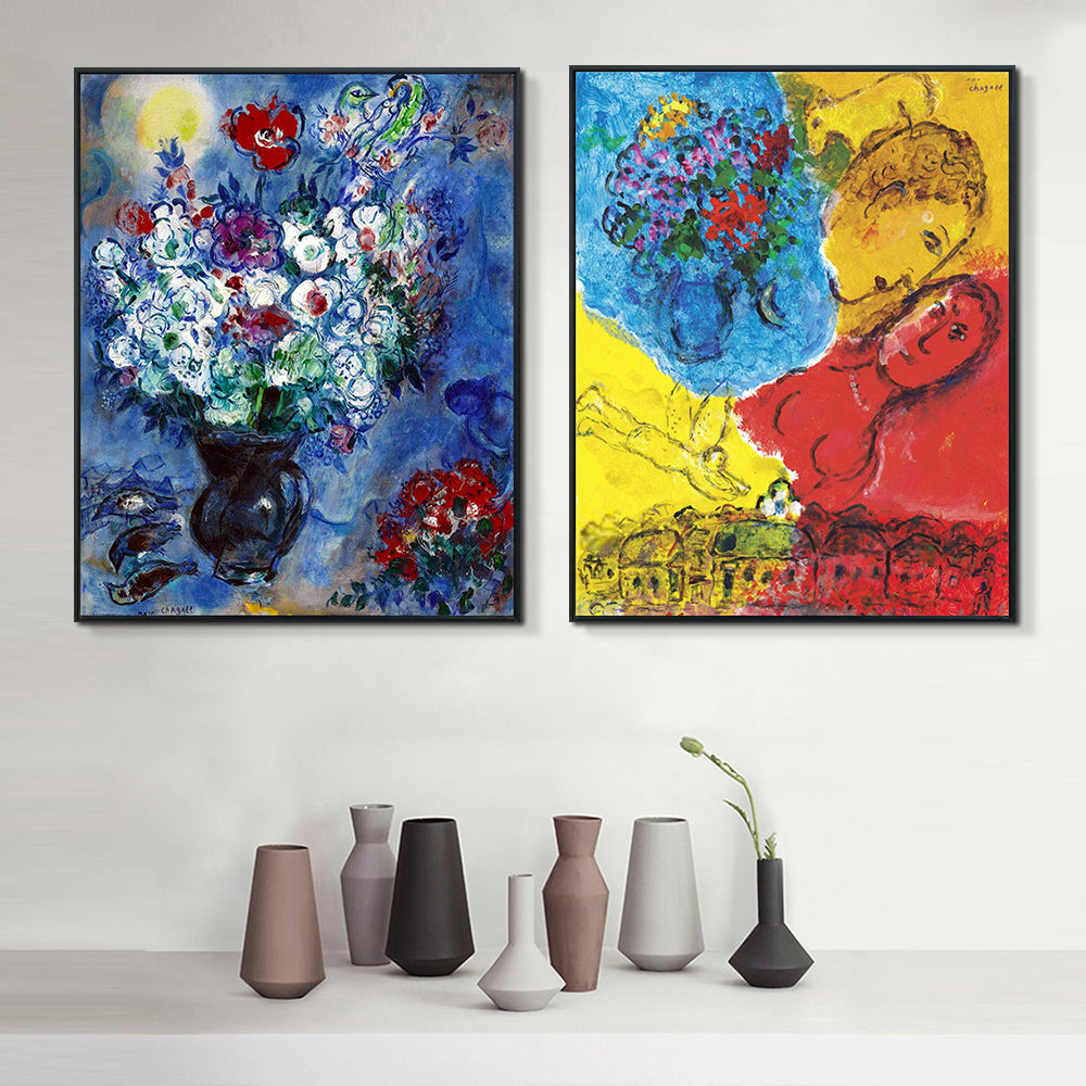 INVIN ART Framed Canvas Giclee Print Art Combo Painting 2 Pieces by Marc Chagall Wall Art Series#19 Living Room Home Office Decorations