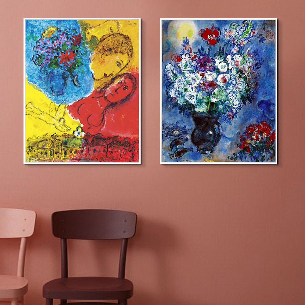 INVIN ART Framed Canvas Giclee Print Art Combo Painting 2 Pieces by Marc Chagall Wall Art Series#19 Living Room Home Office Decorations
