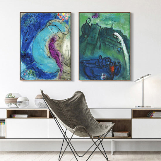INVIN ART Framed Canvas Giclee Print Art Combo Painting 2 Pieces by Marc Chagall Wall Art Series#22 Living Room Home Office Decorations