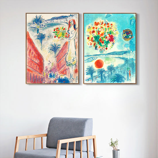 INVIN ART Framed Canvas Giclee Print Art Combo Painting 2 Pieces by Marc Chagall Wall Art Series#23 Living Room Home Office Decorations