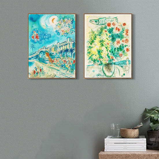 INVIN ART Framed Canvas Giclee Print Art Combo Painting 2 Pieces by Marc Chagall Wall Art Series#24 Living Room Home Office Decorations
