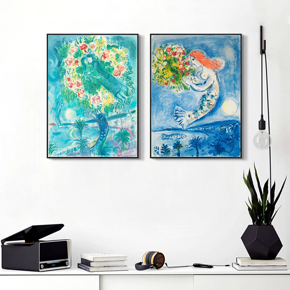 INVIN ART Framed Canvas Giclee Print Art Combo Painting 2 Pieces by Marc Chagall Wall Art Series#25 Living Room Home Office Decorations