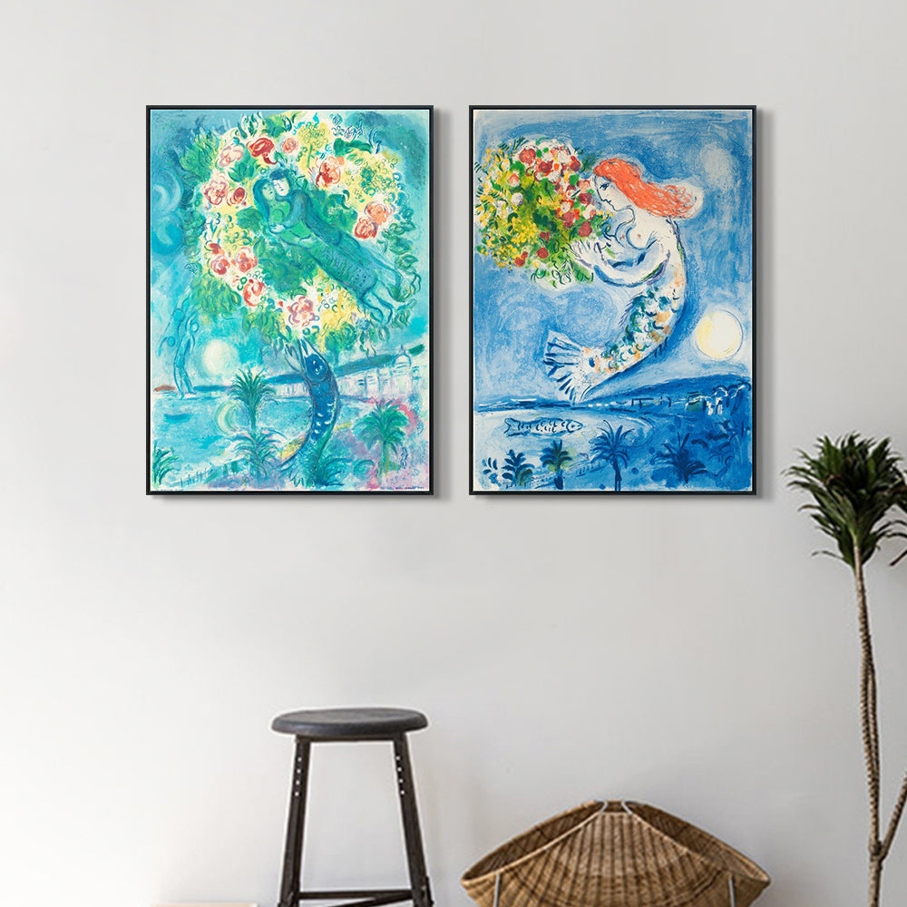 INVIN ART Framed Canvas Giclee Print Art Combo Painting 2 Pieces by Marc Chagall Wall Art Series#25 Living Room Home Office Decorations