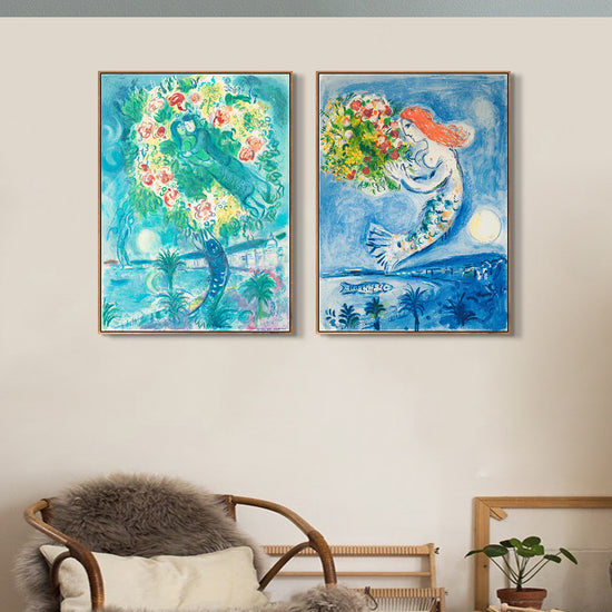 INVIN ART Framed Canvas Giclee Print Art Combo Painting 2 Pieces by Marc Chagall Wall Art Series#25 Living Room Home Office Decorations